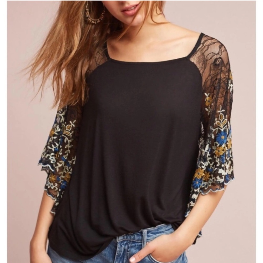 Anthropologie Black Tunic with Blue and Gold Floral Lace Sleeves